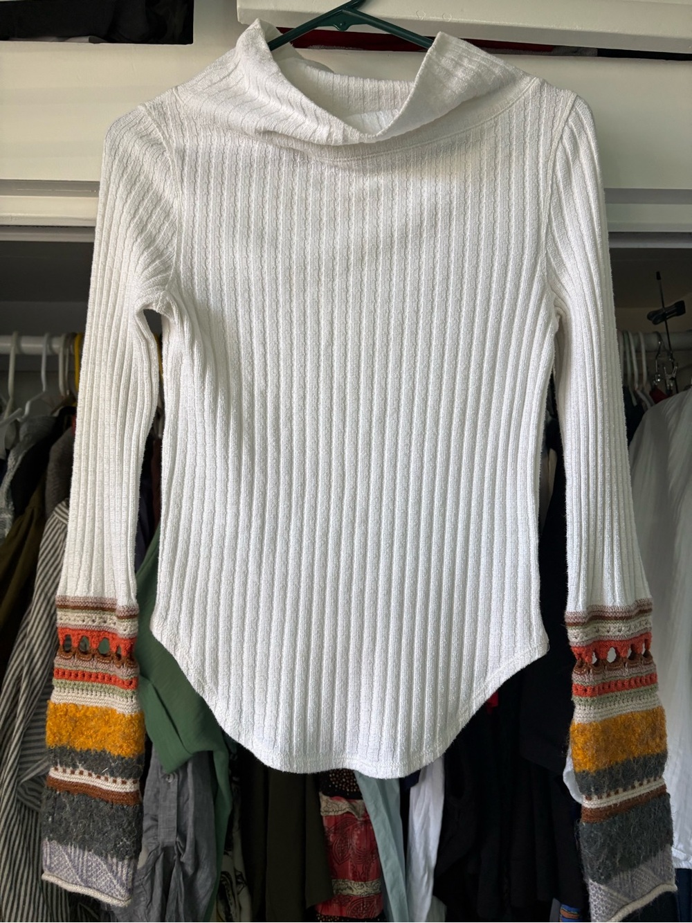 Free People  Ribbed Cowl-Neck Sweater with Multicolor Bell Sleeves